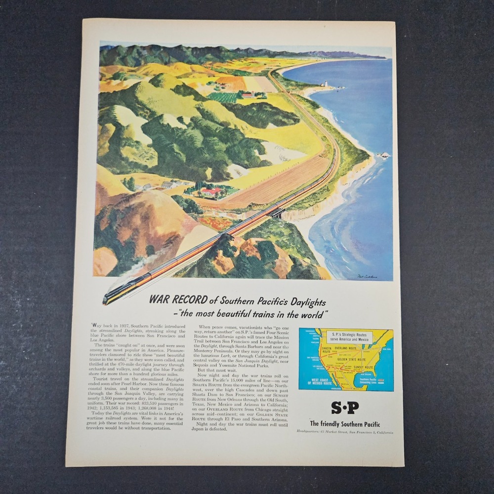 1945 Southern Pacific Railroad Vintage Print Ad San Francisco Strategic Routes